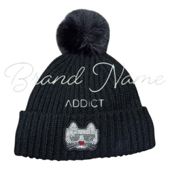 Karl Lagerfeld Accessories - Karl Lagerfeld Paris Black Knit Bling Cat Beanie Hat